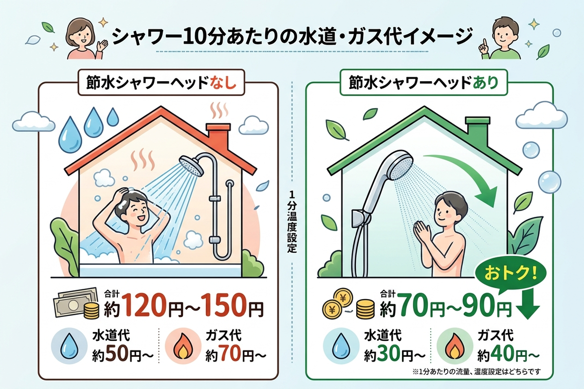シャワー10分あたりの水道・ガス代イメージ比較