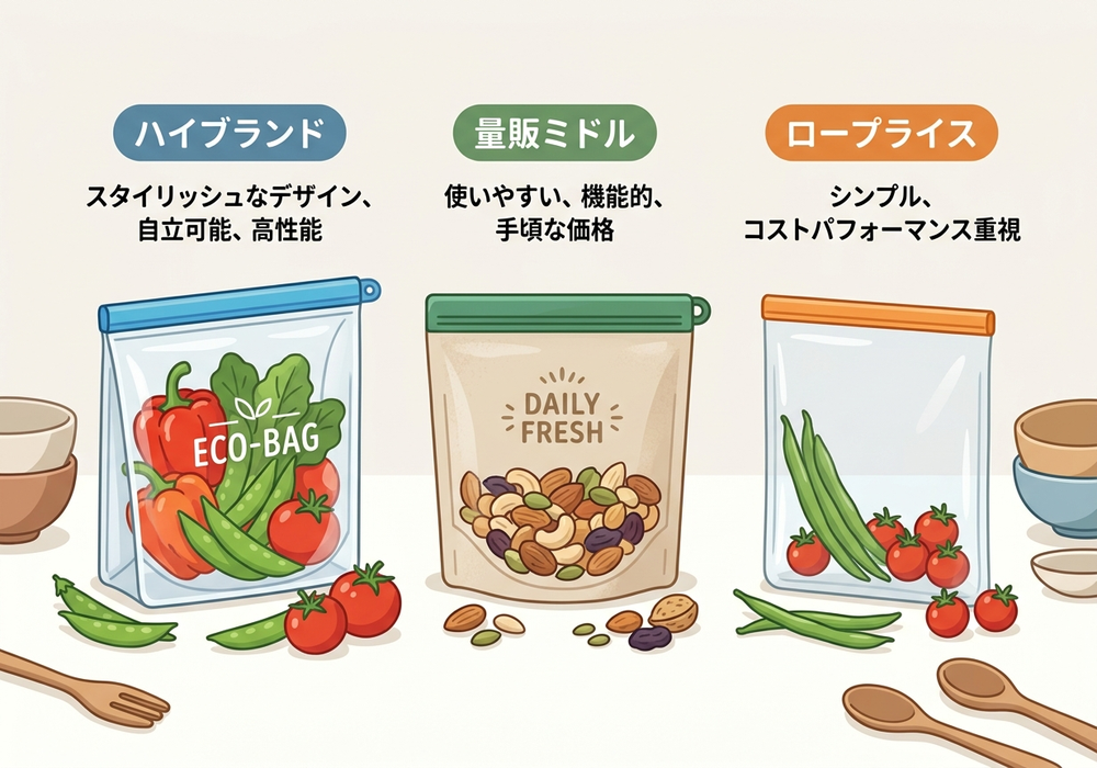 3種類の価格帯のシリコン保存袋を比較したイラスト