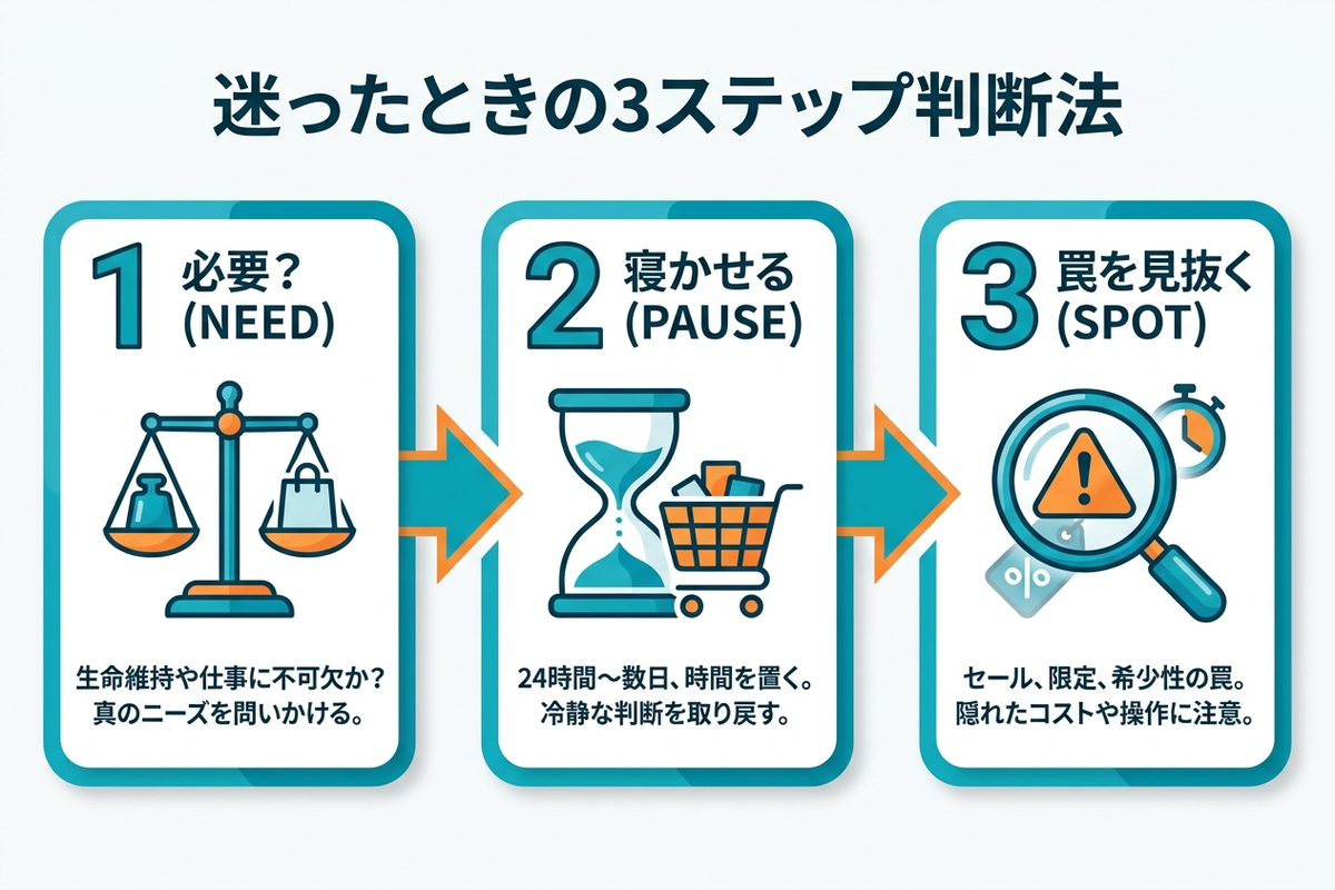 NEED・PAUSE・SPOTの3ステップ判断法を示す日本語のフロー図解
