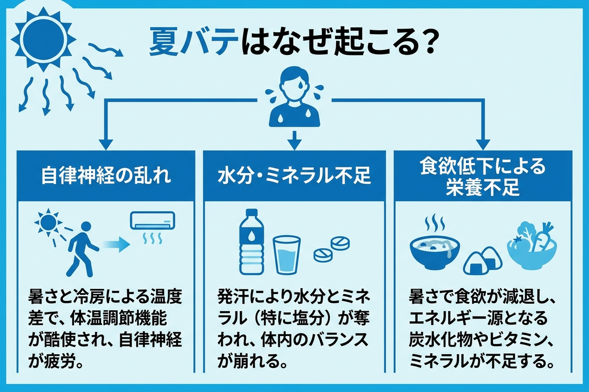 夏バテはなぜ起こるのか、3つの要因を示した図