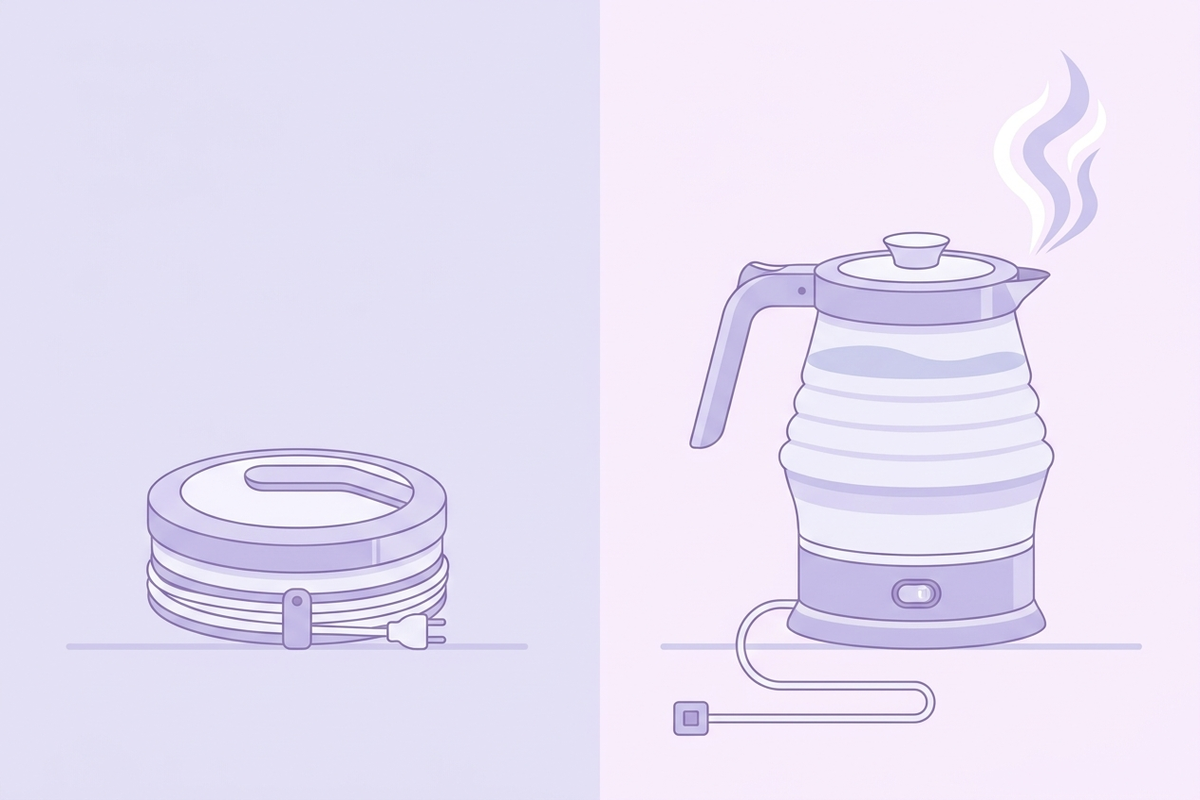 折りたたみ式電気ケトルを収納時と使用時で比較したイラスト