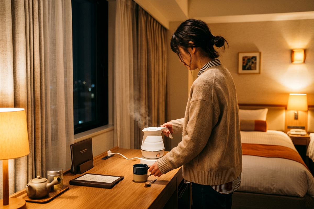 ホテルの部屋で折りたたみケトルを使う様子のイラスト
