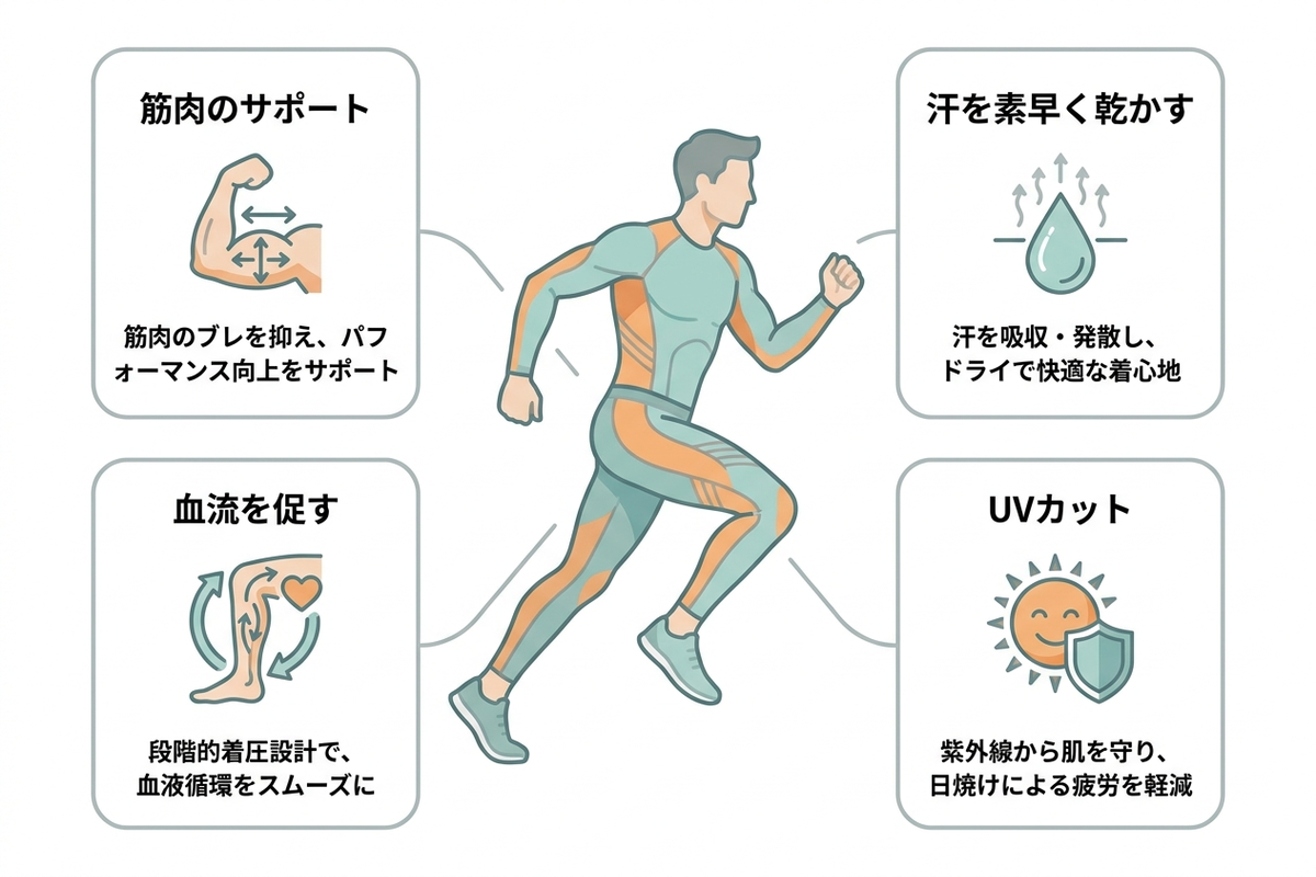 コンプレッションウェアの効果（筋肉サポート・吸汗速乾・血流・UVカット）を示す日本語の図解