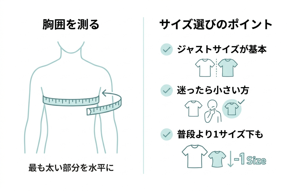 コンプレッションウェアのサイズ選びのポイント（胸囲を測る・ジャストサイズ）を示す日本語の図解