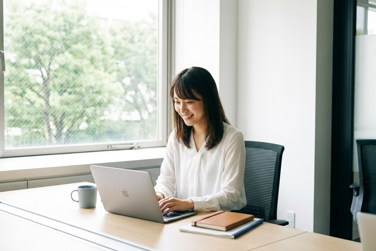オフィスのデスクで白いブラウスを着て安心して仕事をする女性