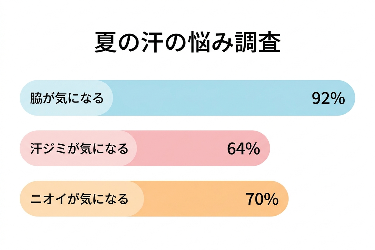 日本語の統計グラフ、脇の悩み92%、汗ジミ64%、ニオイ70%を示すインフォグラフィック
