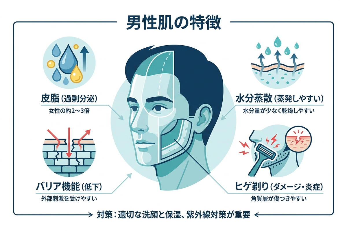 男性肌の特徴(皮脂・水分蒸散・バリア機能・ヒゲ剃り)を示す日本語の図解